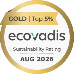 Goldene Nachhaltigkeitsauszeichnung mit Ecovadis-Logo und dem Label „Top 5 Prozent“