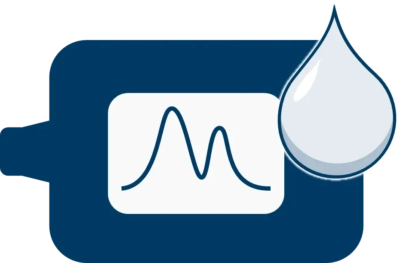 Spectrometer and water drop icon Light blue water drop icon on top of dark blue spectrometer icon